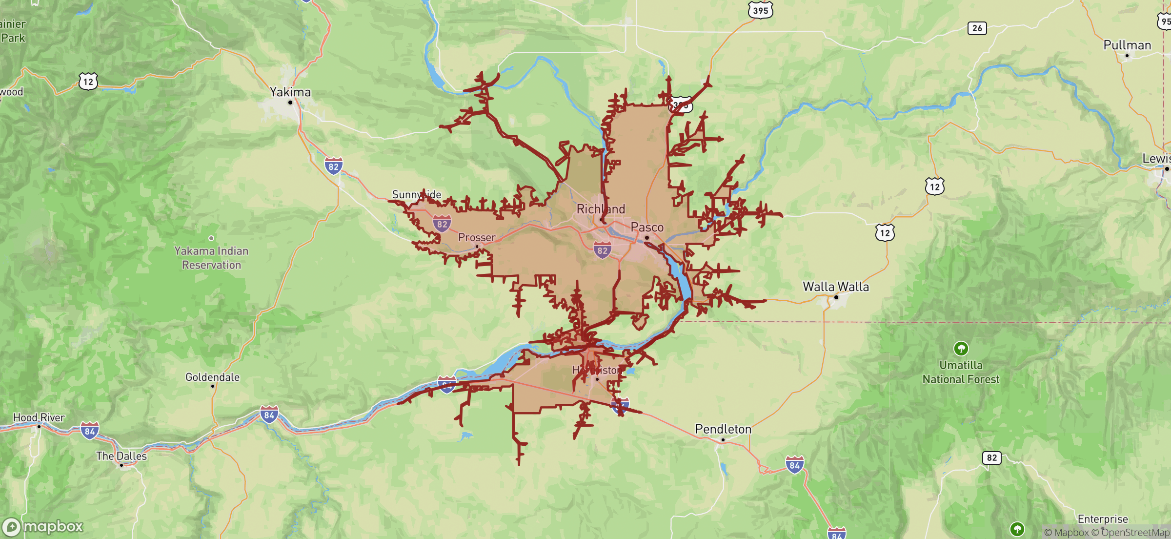 Drive-time service area map showing 45 minutes from Richland and 30 minutes from Irrigon.